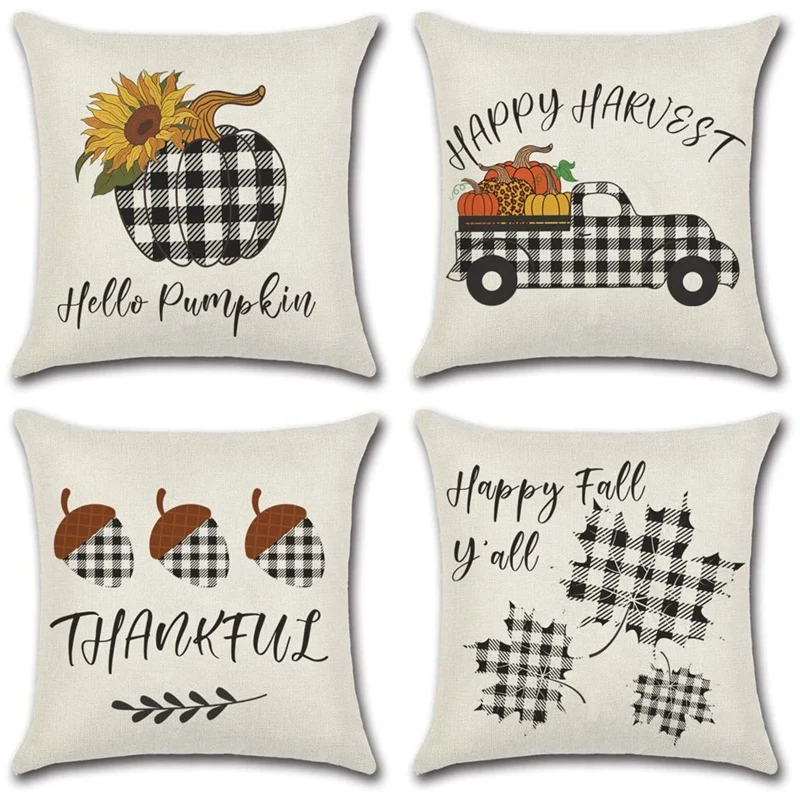 

Promotion! Thanksgiving Decorations For Home,Buffalo Checked Plaids Fall Pillow Covers,Pumpkin Farmhouse Throw Pillowcase