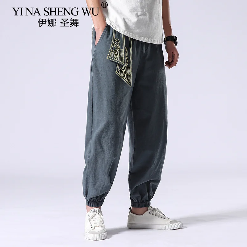 Kimono Men Cotton Linen Japanese Retro Samurai Costume Ukiyo-e Print Belt Harem Pants Mens Hip Hop Harajuku Haori Baggy Trousers