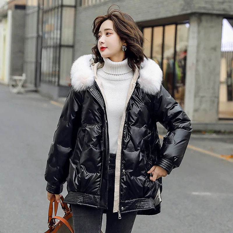 Glossy Down Jacket Women's Short Big Fur Collar Winter New Korean Version Loose White Duck Down Bread Jacket цена и фото