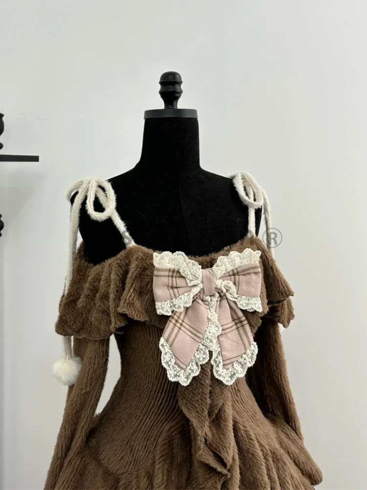 Sweet Kawaii 2 Piece Sets Women Japanese Y2k Brown Retro Tops + Chic Mini Cake Skirt Female Princess Elegant Outfits Spring 2025 4