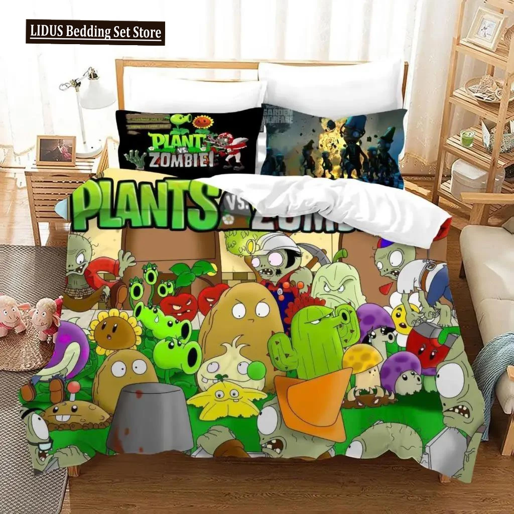 Plants Vs Bedding Sets Zombie US/Europe/UK Size Quilt Cartoon Bed Cover Duvet Cover Pillow Case 2-3 Pieces Sets Adult Boys