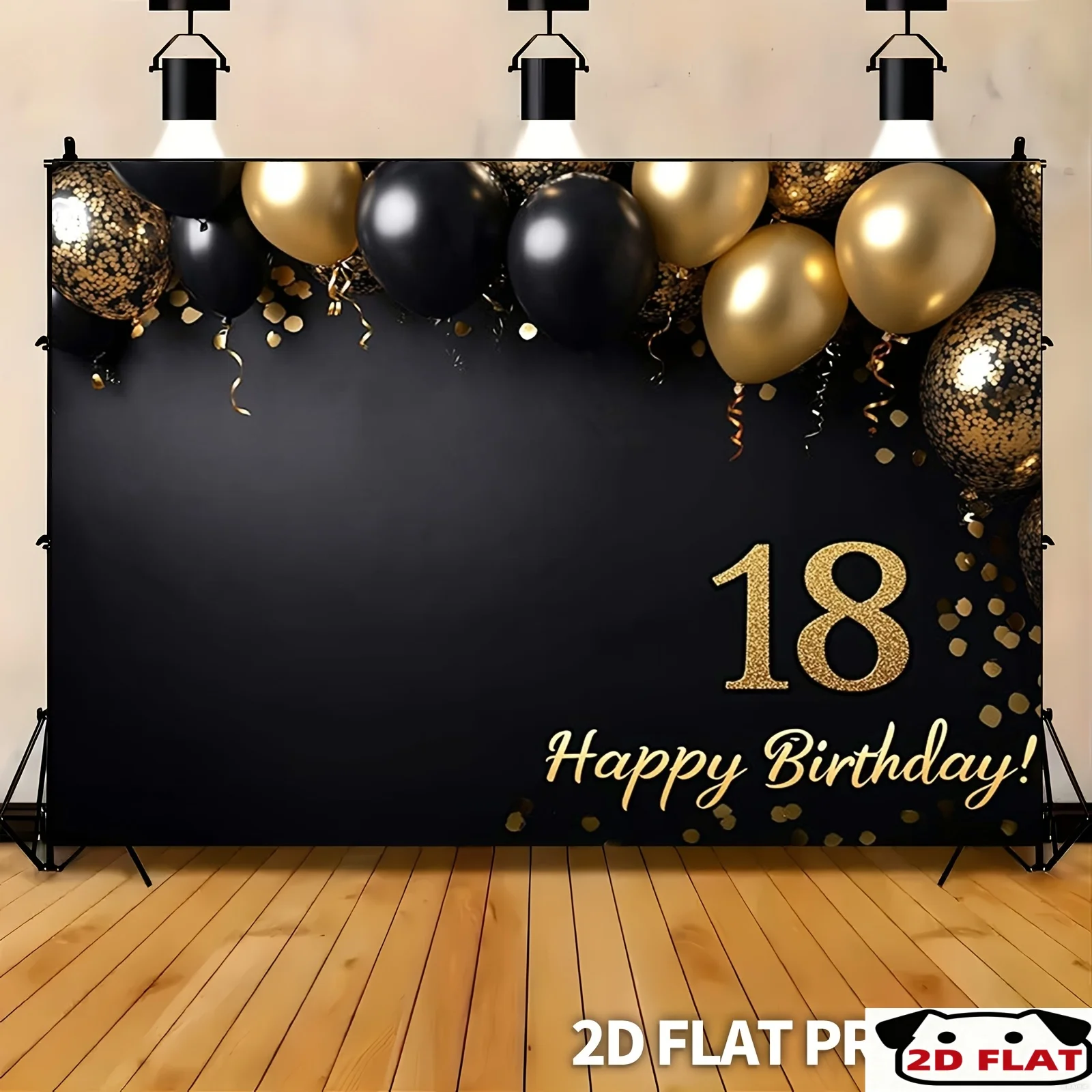 2D-Flachbanner zum 18. Geburtstag mit goldenem und schwarzem Ballondesign in Form der Zahl 18 als Partyhintergrund mit dem Text „Alles Gute zum Geburtstag“.