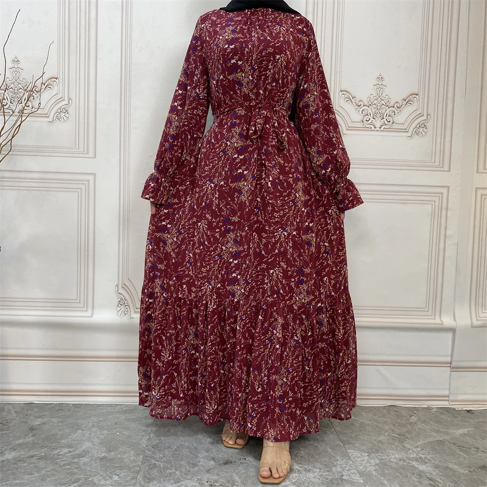 Abaya Dubai Turkey Chiffon Print Flared Sleeve Hijab Long Dress for Muslim Abayas Islam Clothes African Dresses for Women Kaftan