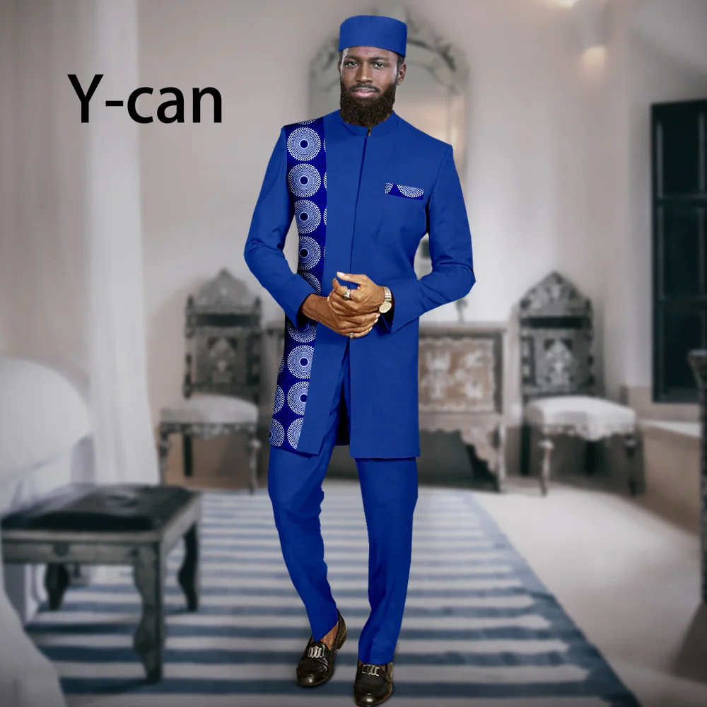 Dashiki Print African Men Suits Slim Fit 3 Pieces Traditional Wedding Jacket and Trousers Match Muslim Caps Outfits A2316067