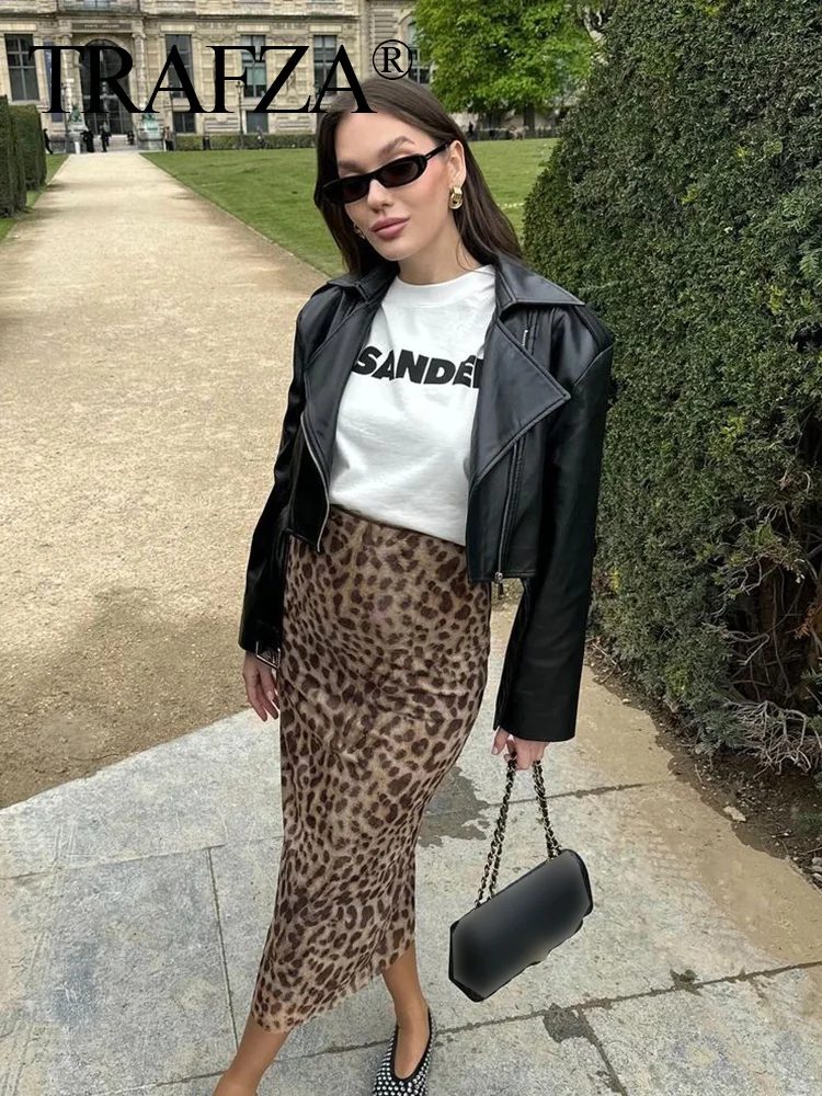 TRAFZA Women's Leopard Print Long Skirt Vintage Slim Pencil
