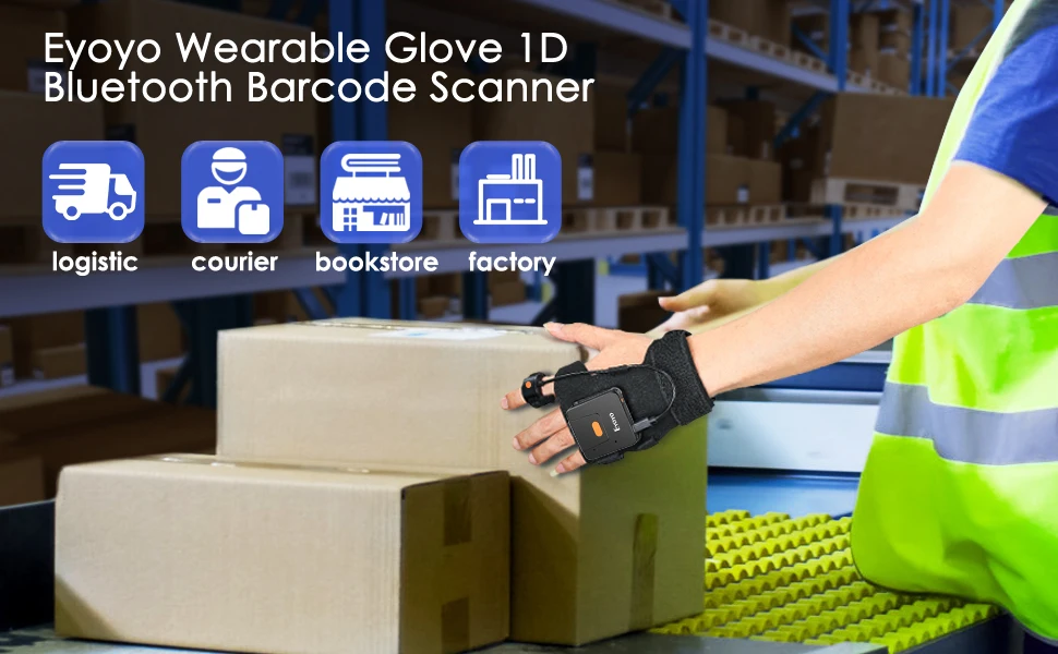 Eyoyo Wearable Glove 1D Bluetooth Barcode Scanner Laser Finger Trigger Wireless Inventory Bar Codes Reader Works With Phones PC