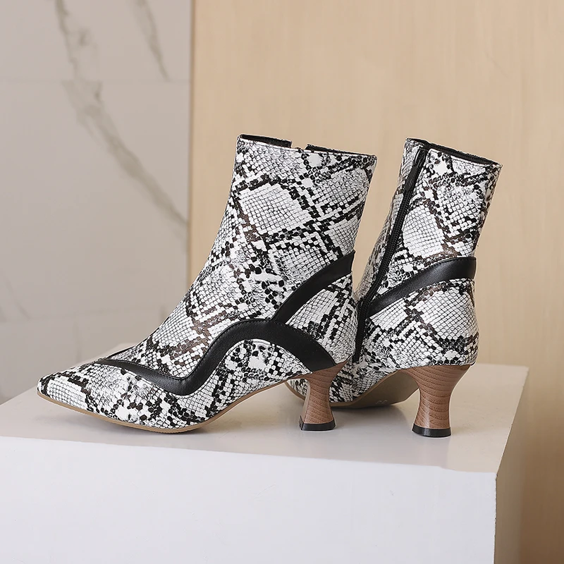 Kcenid Big Size 48 PU Patchwork Pointed Toe Med Heels Shoes Chic Design Concise Autumn Winter Shoes Dress Warm Ankle Boots