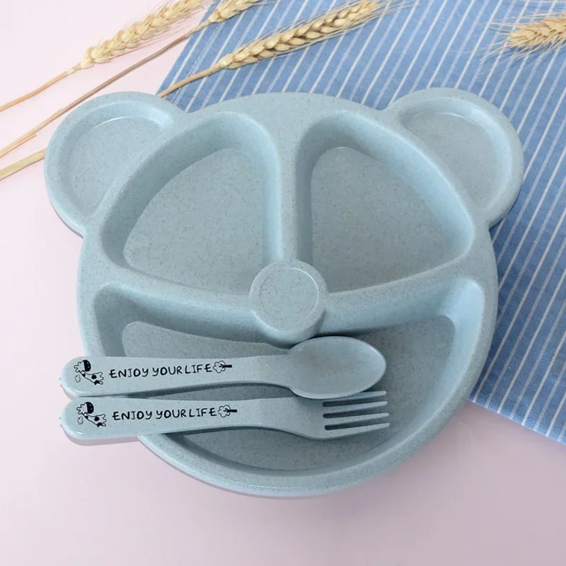 Wheat Straw Cartoon Children's Trays Kindergarten Students Cutlery Bear Trays Set of 3 Pieces