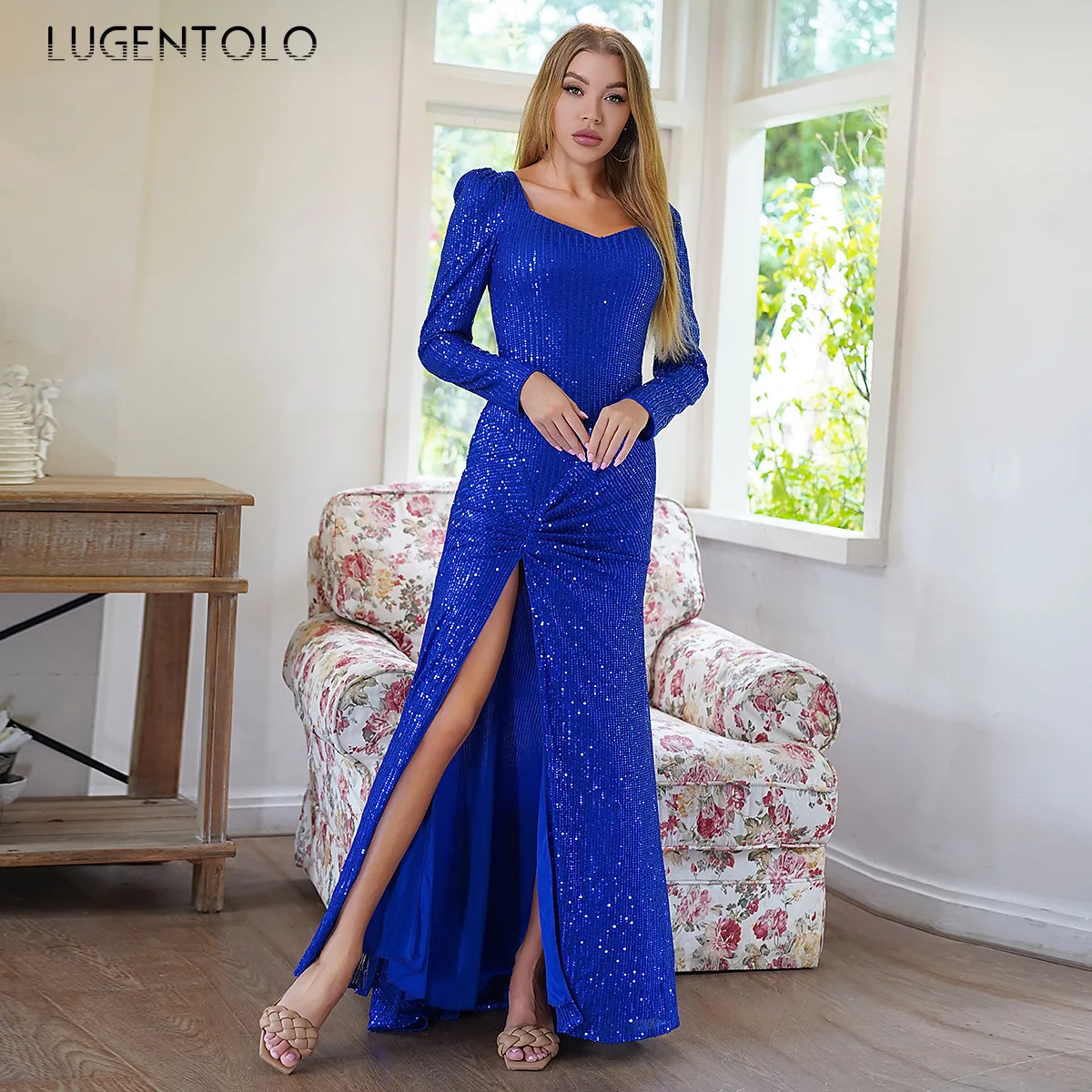 

Women Party Elegant Dress Long Sleeve Sequin Sexy Split Slim Solid Lady New Autumn Fashion Banquet Empire Maxi Dresses Lugentolo