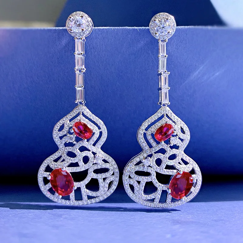 

Gourd Ruby Diamond Dangle Earring 100% Real 925 sterling silver Wedding Drop Earrings for Women Promise Engagement Jewelry Gift