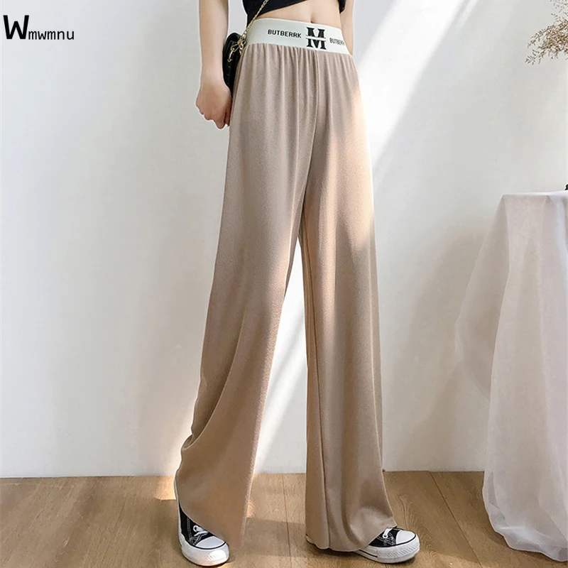 

Casual Loose Stretchy Pants Korean Style Straight Leg Trousers Fashion Splice Letter High Waist Knitted Wide Leg Pants Women