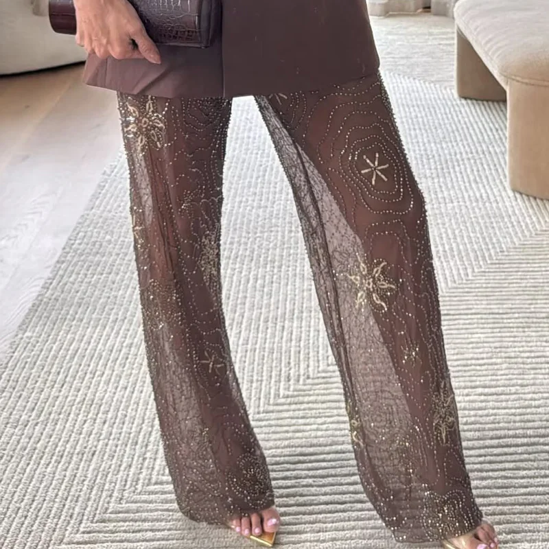 HXAO Women's Brown Sequins Pants Spring Summer 2025 Elegant Beading Semi-Sheer Trousers Chic Slacks High Waist Long Pants Woman