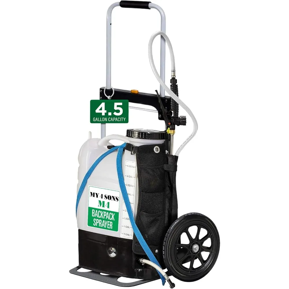 4-Gallon Battery Backpack Sprayer, Cordless Sprayer with 14-Inch Wheels, Spray Pistol, Adjustable Wand, 15ft Hose, Secure Strap