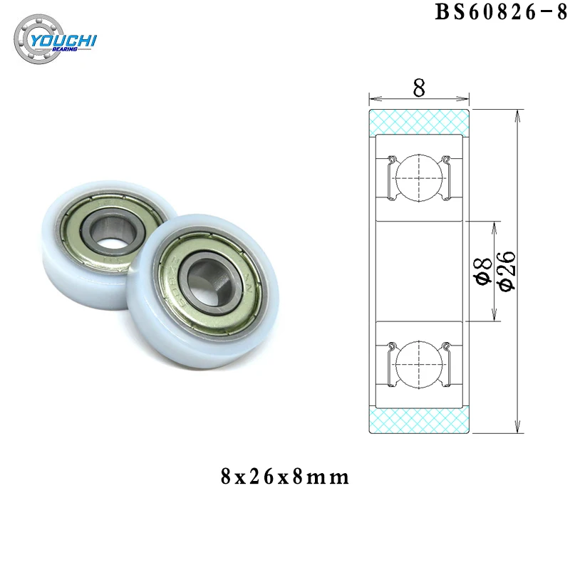 Encaixou 608zz Rolamento 26 mm Enrolado Polias de Borracha Pom Rolamento de Náilon Bs608268 8x26x8 Rolo de Guia Liso Plástico 10 Peças 8*26*8 mm