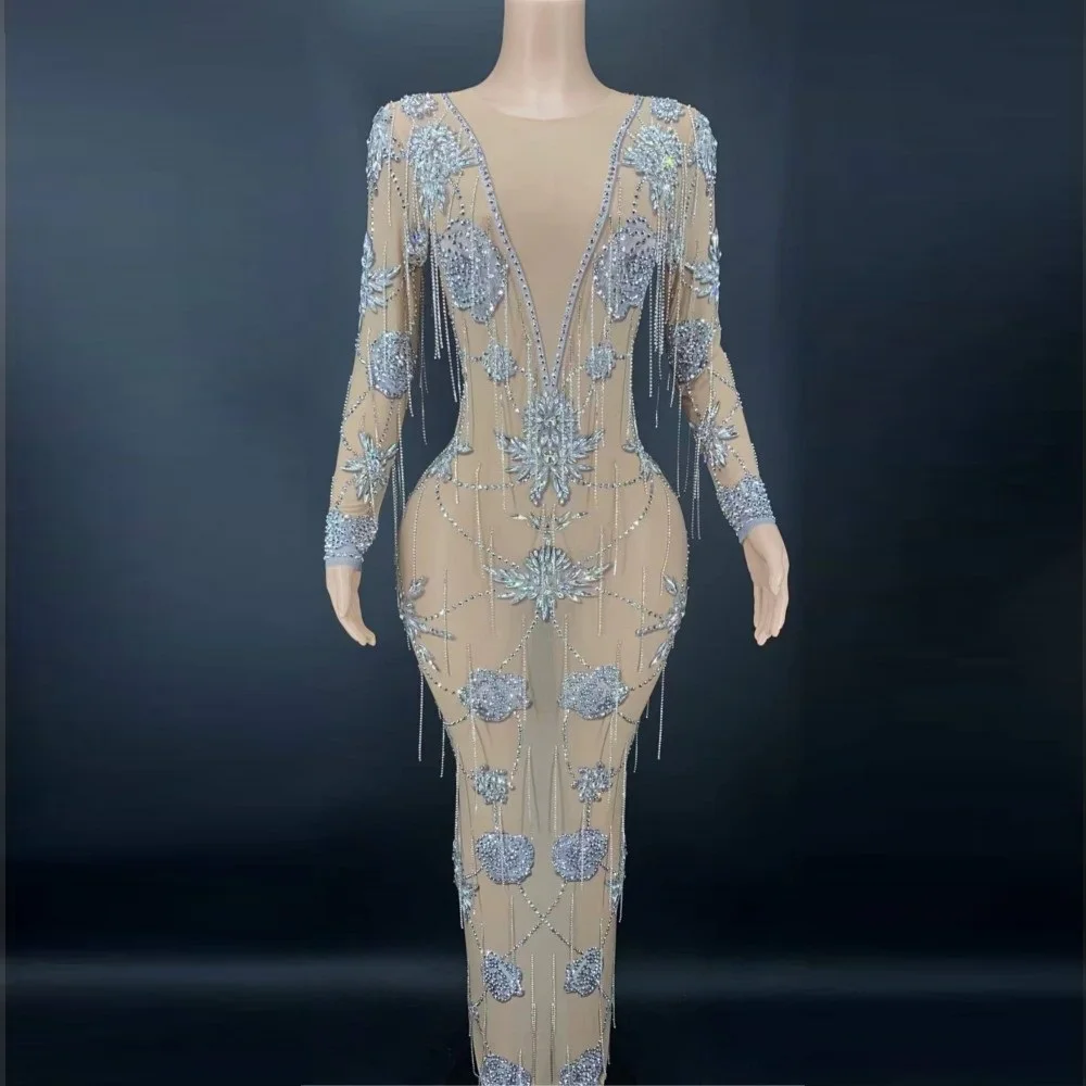 

Silver Rhinestone Crystals Chains Transparent Long Dress Evening Birthday Celebrate Dress Sexy Dancer Performance Costume