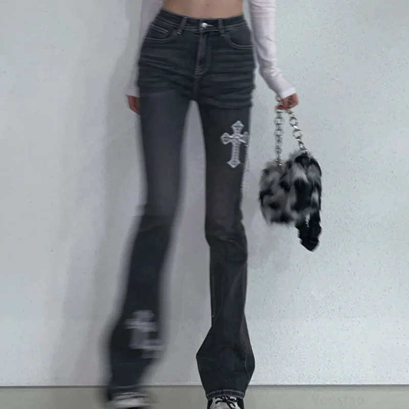 Harajuku Gothic High Waist Chic Denim Pants Women Streetwear Y2k Cross Embroidery Slim Flare Pants Female Vintage Jeans Trousers