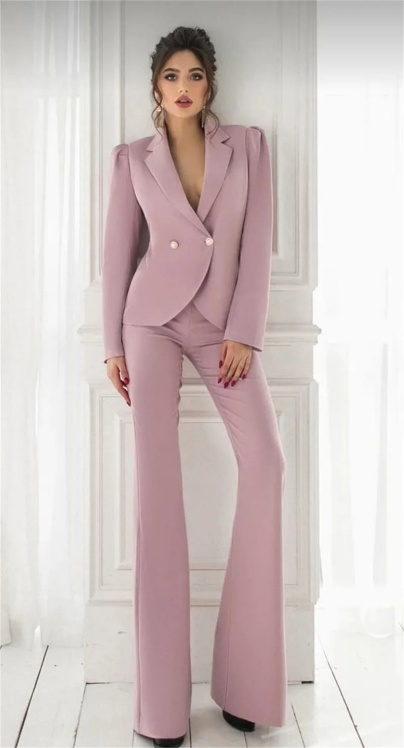 

2 Pcs Pink Women Suit Set Blazer+Pants Formal Business Office Lady Coat Jacket Pearls Button Prom Dress Custom Made Costume