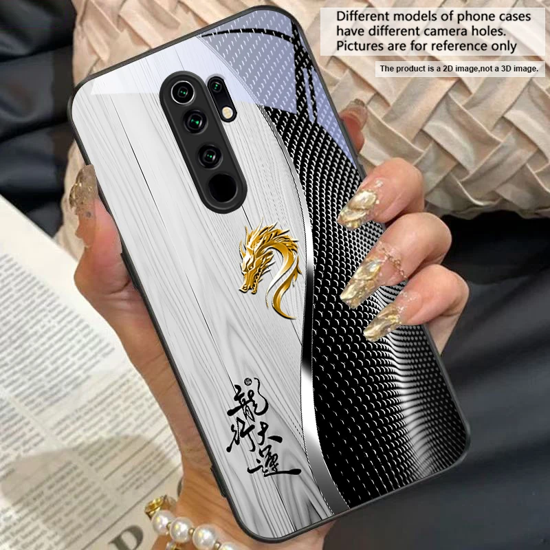 Elegant Black Tempered Glass Phone Case with Traditional Dragon Totem Design