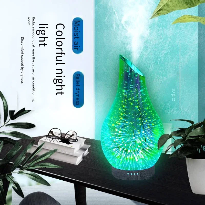 3D Glass Ultrasonic Cold Mist Air Humidifier Household Baby Portable Seven Color Night Light Essential Oil Aromatherapy Machine 3
