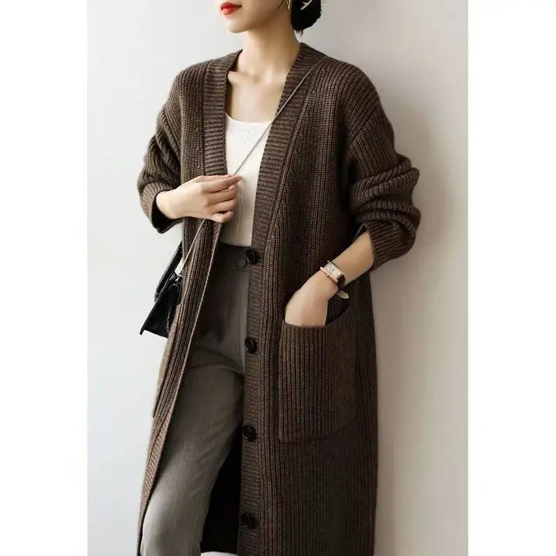 Japanese Medium to Long Knitted Cardigan Jacket for Women in Autumn and Winter Retro Loose and Thick Knit Sweater for Outerwear