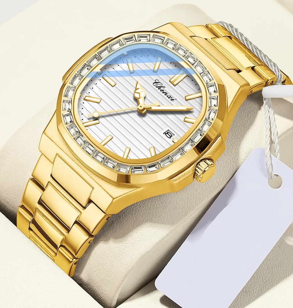 Herrenuhren Luxus Business Edelstahl Herren Quarz Datum Armbanduhren Diamant Design Herrenuhr Gold Wasserdicht Leuchtend – Detail 16
