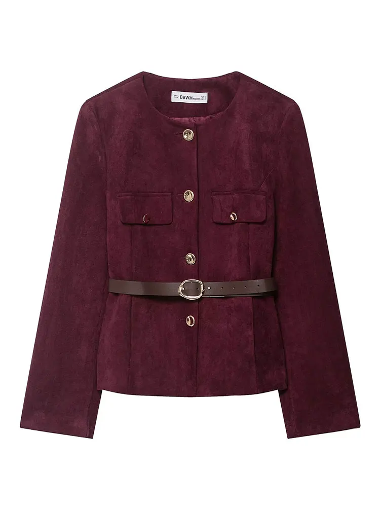 HH Women Elegant Solid Suede Coat Single Breasted O Neck Long Sleeve Jacket With Belts Autumn Fashion High Street Woman Outwear