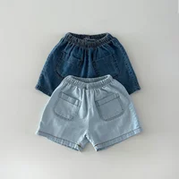 Ensemble deux pièces décontracté en denim pour enfants, chemise à manches courtes et short trempés, vêtements coréens pour garçons et filles, été, nouveau, 6856-1 5