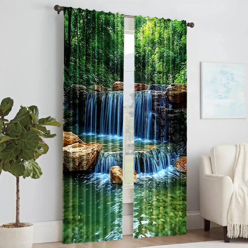 2 pcs, versatile polyester transparent curtains for home decoration Rainforest Waterfall Natural for use in bedrooms and living 2