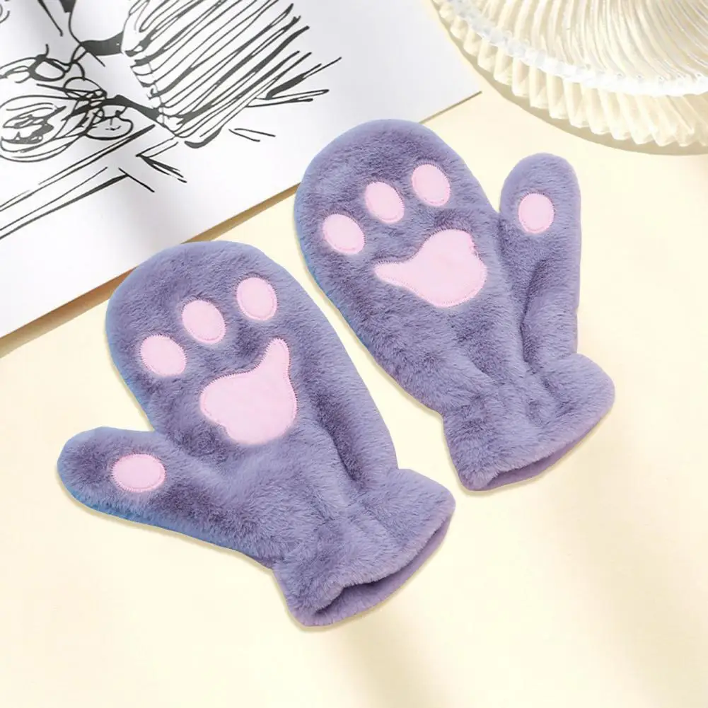 Student Gloves Warm Cozy Cartoon Cat Paw Mittens for Women Thick Plush Winter Gloves with Anti-slip Grip for Skiing Cycling Cat