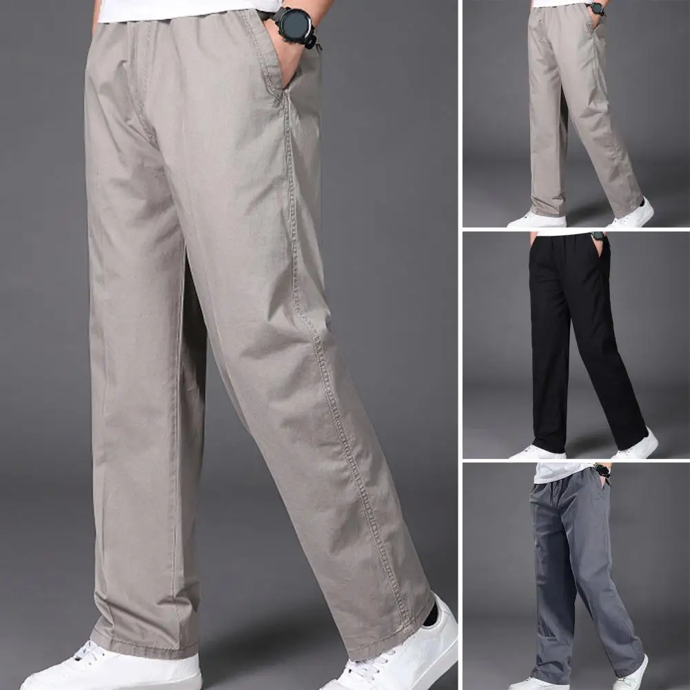 

Men Sweatpants Versatile Men's Cargo Pants Elastic Mid Waist Wide Leg Plus Size Straight Fit Solid Color Smooth Soft Cotton