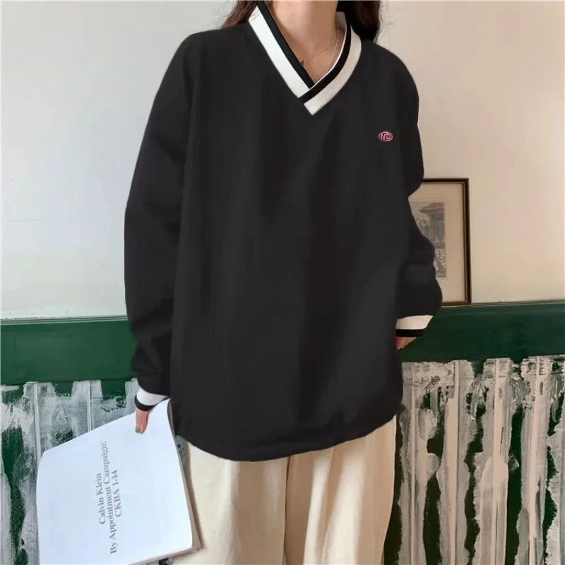 

Женская уличная одежда в стиле Харадзюку, модные тонкие пуловеры в стиле оверсайз, корейский Свободный Повседневный Топ с V-образным вырезом и длинным рукавом для студентов колледжа, Осень-зима