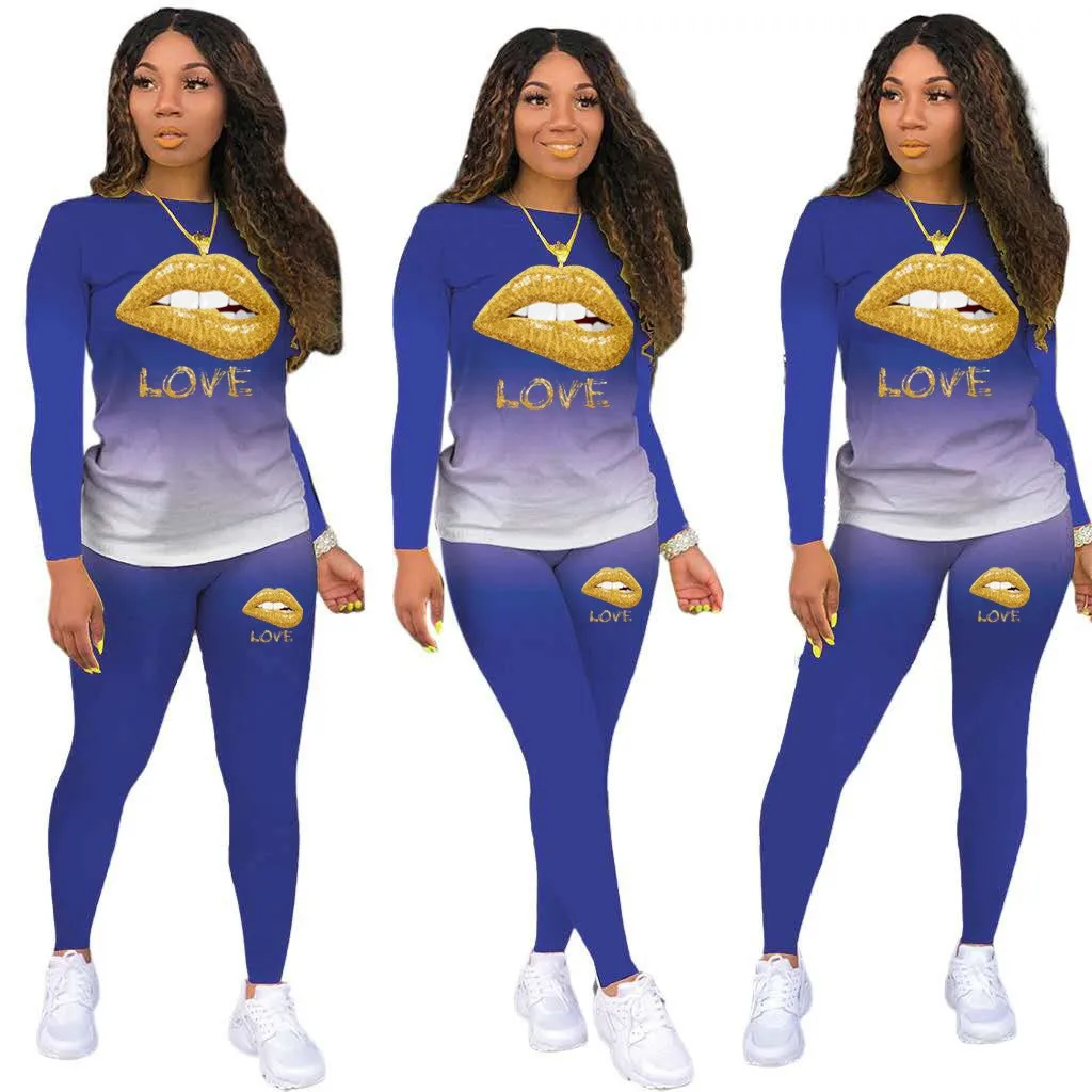 Love Women Outfit Two Piece Gradient Color Set Leisure Long Sleeve+Pant Suits Tracksuit Female Spring Summer Clothes Sportwear
