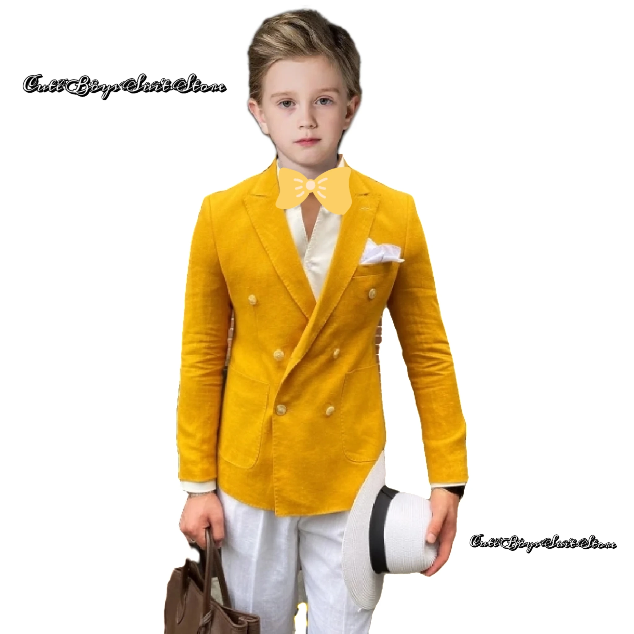 

Yellow Linen Tops White Pants Classic Single Breasted Boys Suits WeddingGroom Blazer Pants 2 Pcs Formal Jacket Tailor-Made