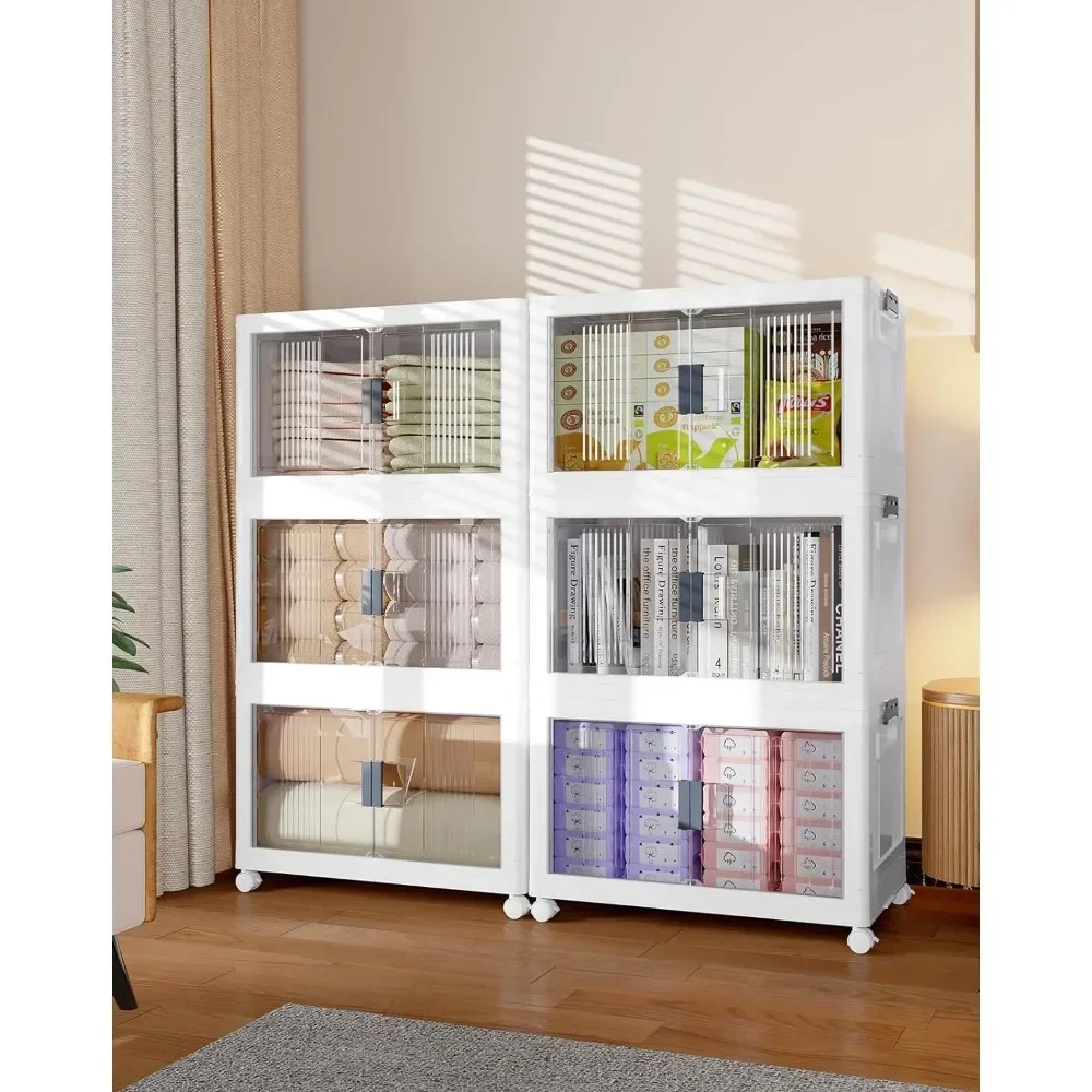 48QT Storage Bins with Lids - Folding Storage box with Doors & Wheels, Collapsible Plastic Bins for Closets, Stackable Organizer