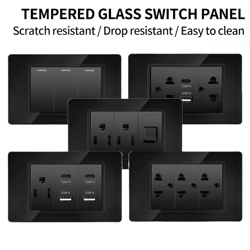 118*75 มม.กระจกนิรภัยแผงซ็อกเก็ต US Wall SOCKET สีดําไทย USB ซ็อกเก็ตปลั๊ก Dual USB Type-C พอร์ต, สวิทช์ไฟ 110V 1