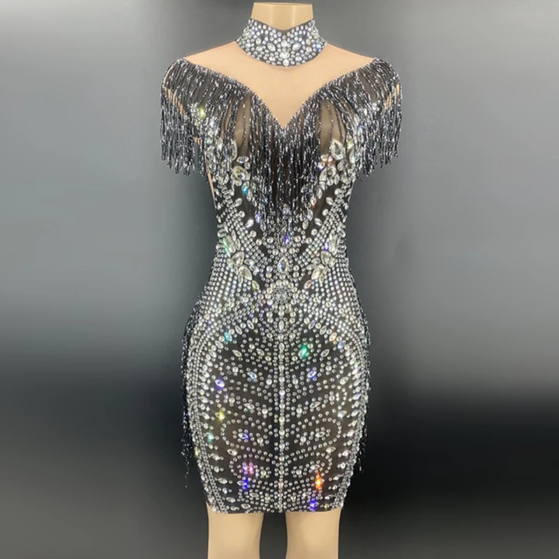 

Luxury Rhinestones Tassels Beading Black Sexy Halter Sheath Dress Evening Party Performance Costme Nightclub Singer Stage Wear