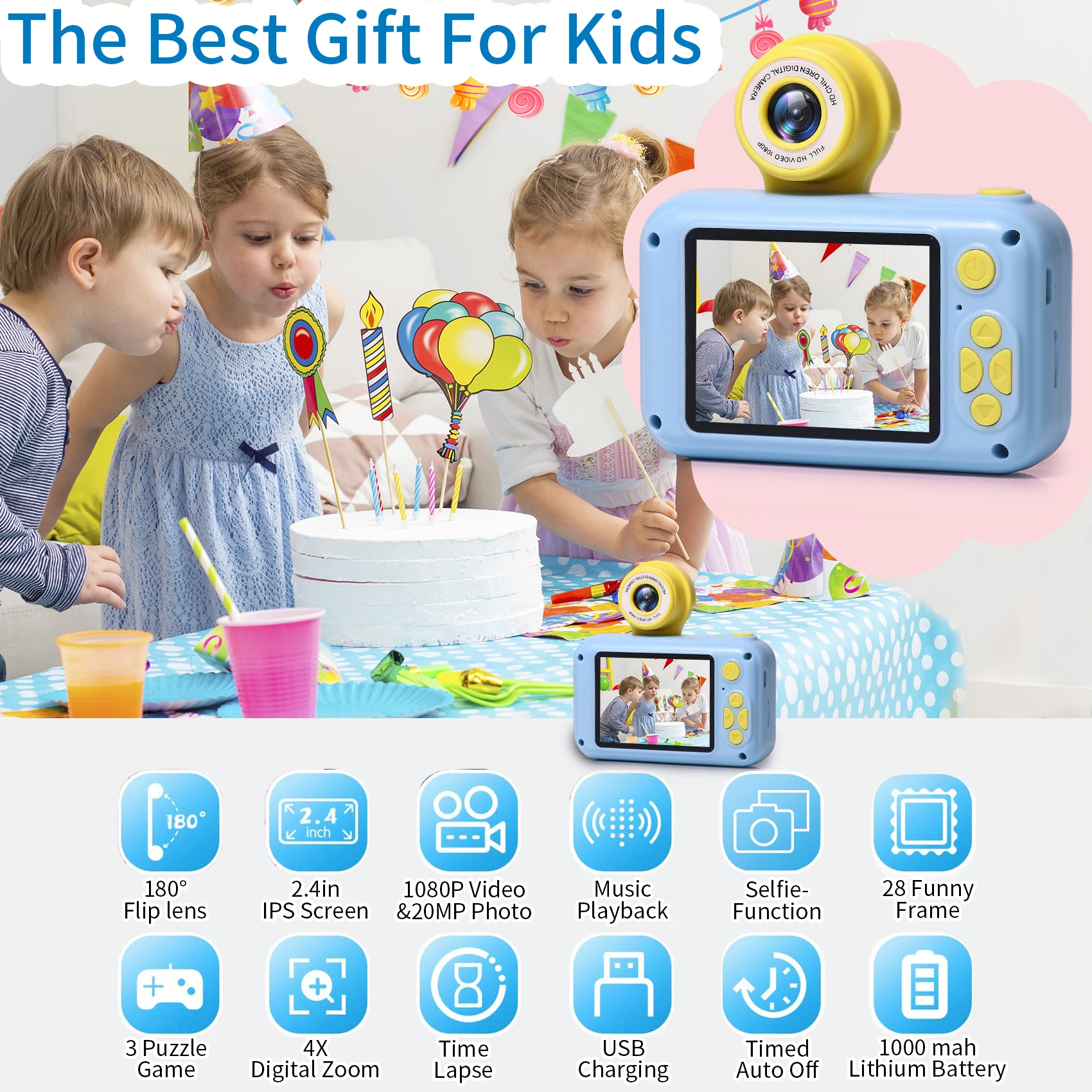 Kids Camera Toys 2.4 Inch IPS Screen Digital Zoom Video 180&deg;Flip Len Handheld for Toddler Baby Children