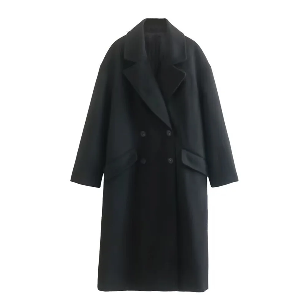 UNIZERA 2023 Winter New Product Women's Fashion and Casual Versatile Flip Collar Double breasted Button Long Woolen Coat Coat Co 4
