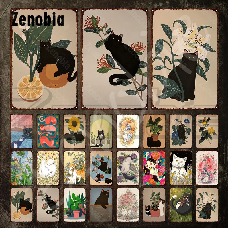 

Cute Cat Tin Sign Flowers and Green Plants Black Cats Metal Sign Animals Vintage Metal Poster Walll Stickers for Home Decoration