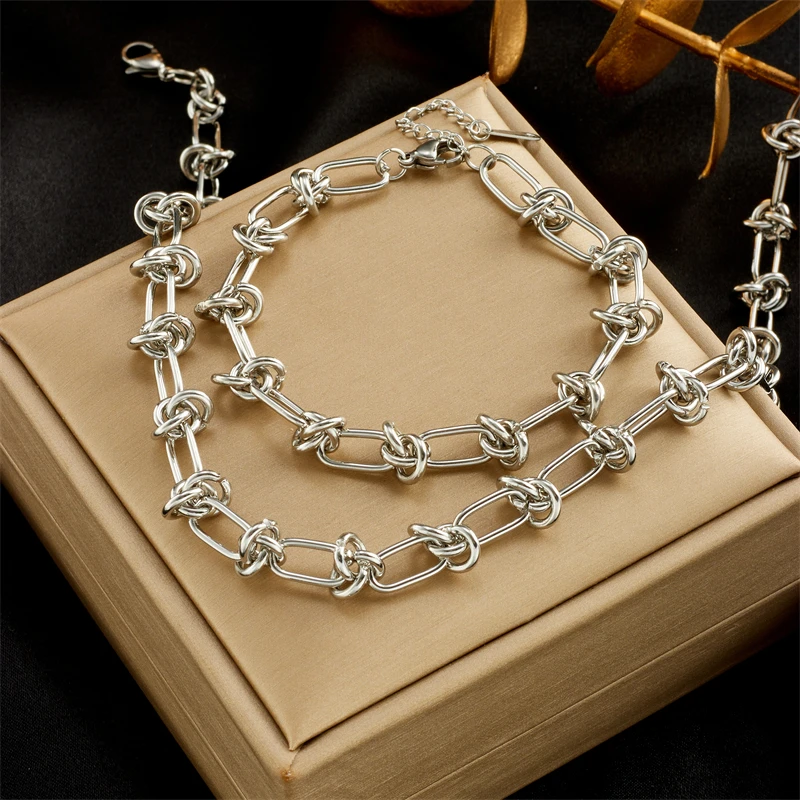 DIEYURO 316L Stainless Steel Twist Knot Necklace & Bracelet Set – Gold/Silver - Image 2