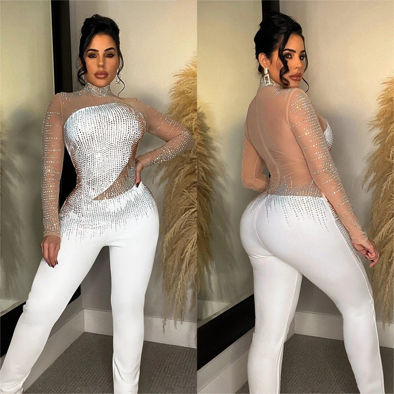 rhinestone mesh shimmer sequin jeweled rhinestone jumpsuit