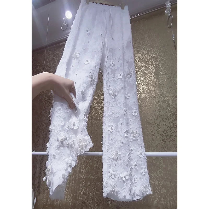 High-End Beautiful Sweet White Pants Lace Flower Petals Heavy Industry Beads Pearl Loose Wide-Leg Pants Spring Summer Trousers