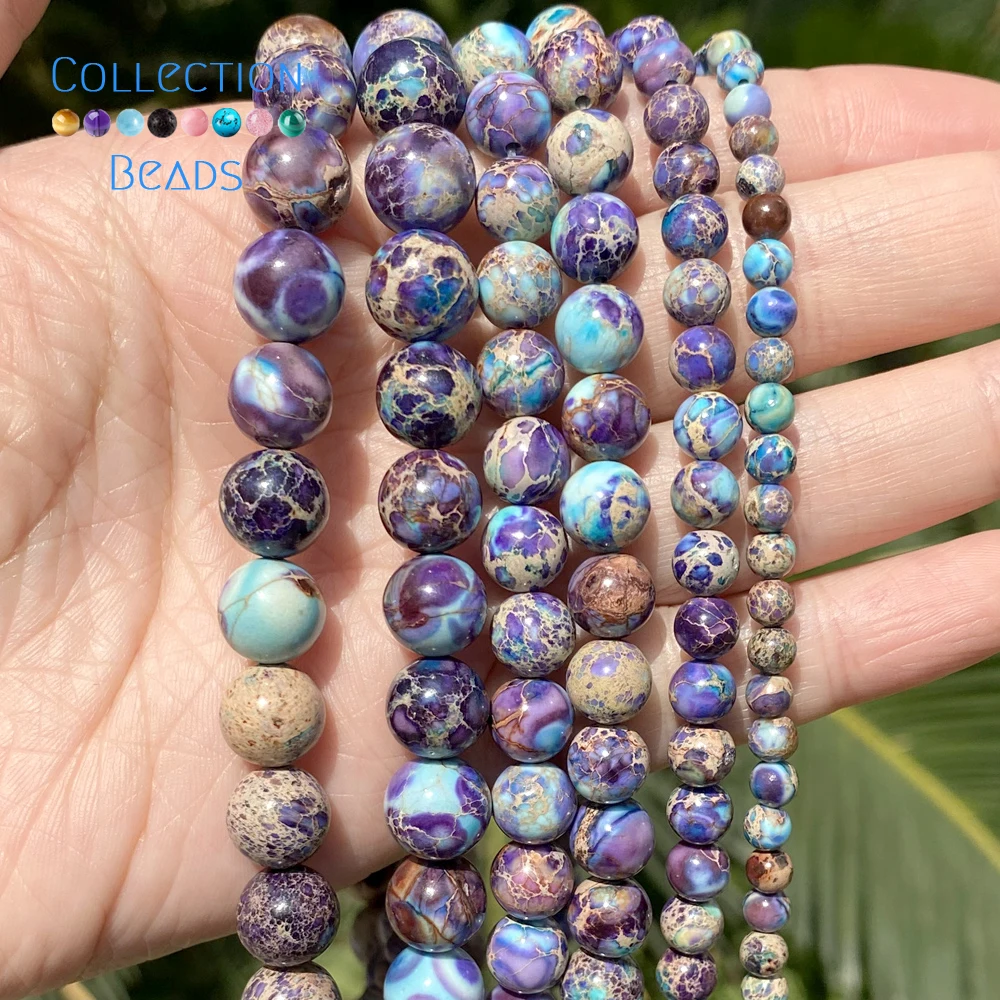 Natural Stone Sea Sediment Jasper Beads in Purple & Lake Blue - Round Spacer Beads for DIY Jewelry & Bracelets