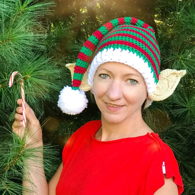 Christmas Elf Hat Long Tail Crochet Beanie Children Women Men Knit Kid Cap Green Red And White Stripe Winter Santa Costume Props