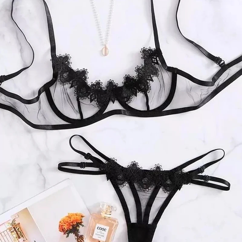 Tornova Sexy Lingerie Set Solid Color Lace See-through Underwear 2 Piece Set Lace Patchwork Mesh Interesting Women's Underwear