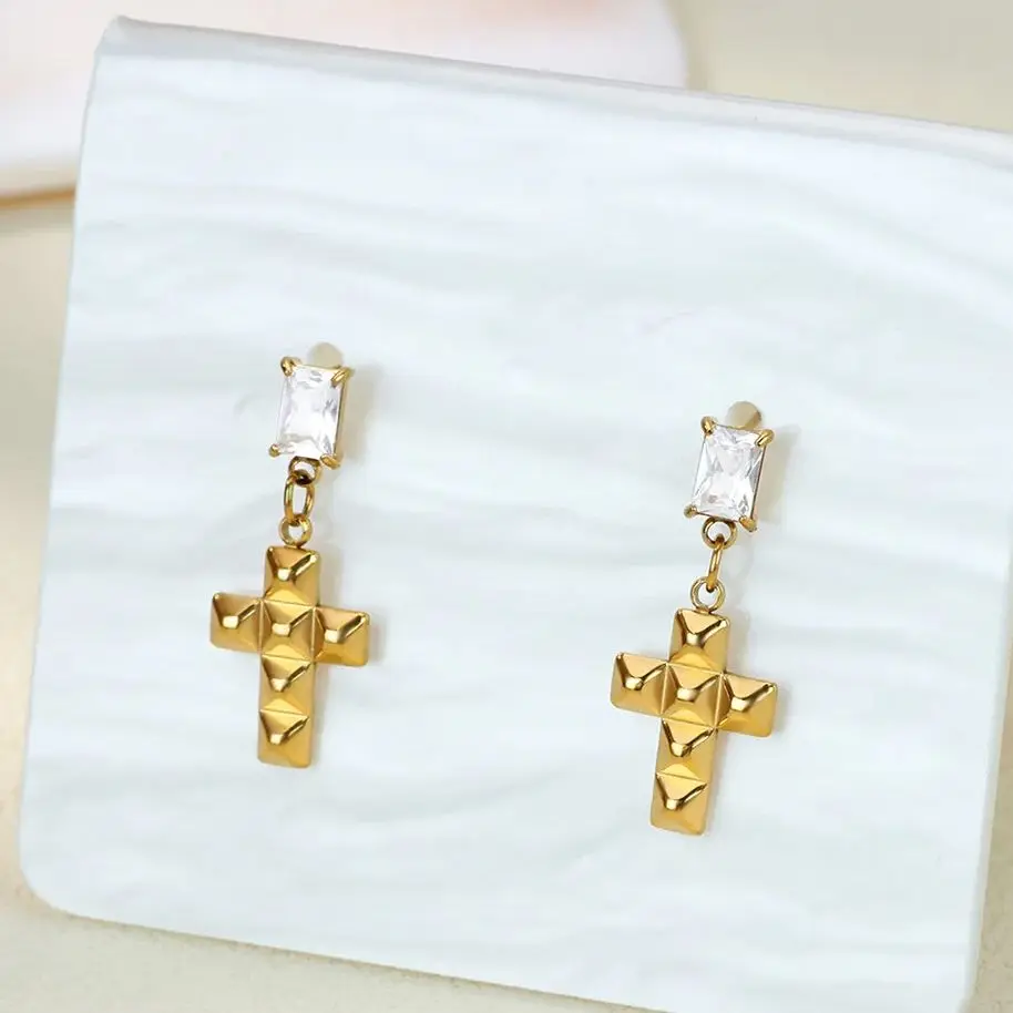 Stainless Steel Zircon Cross Stud Earrings Gold Color Anti Fading