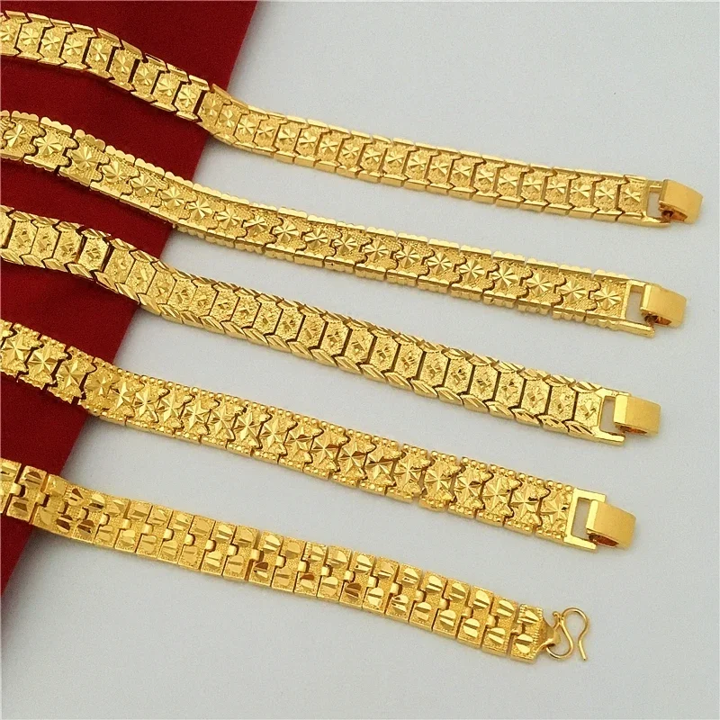 

24K Real Gold Color Jewelry Aggressive Men's Bracelet Wide Gold Plated 18K Watch Chain Long-term Fadeless Sand Gold Jewelry Gift