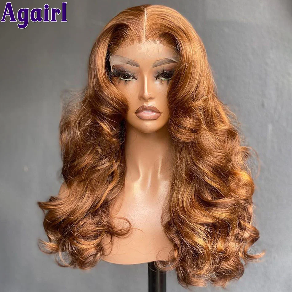 Imbirowa, brązowa, luźna, falowana ludzka peruka z ludzkich włosów o 200% gęstości peruwiańska peruka bez kleju 13x4 koronkowa peruka z przezroczystą koronką 5x5