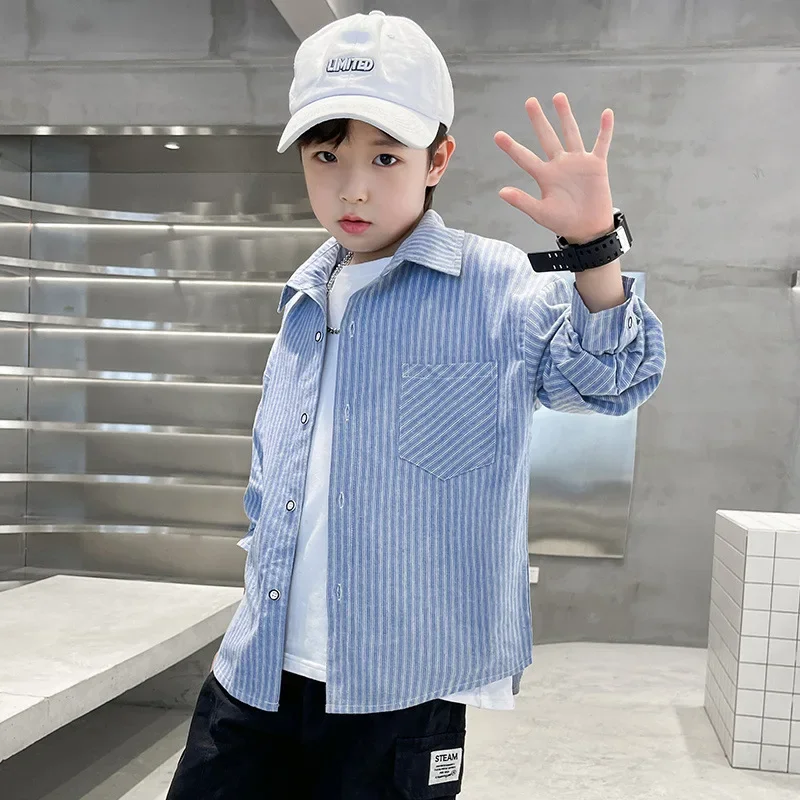 Boys Striped Shirt Spring Autumn Loose Thin Middle Large Children's Clothing Trendy Boy Jacket Children's Blouse