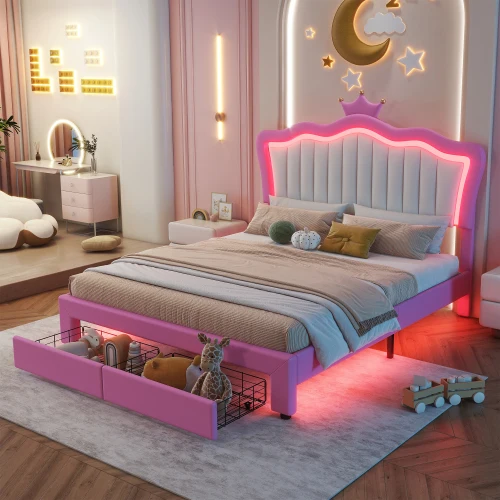 Full sized padded bed frame with LED lights, princess bed